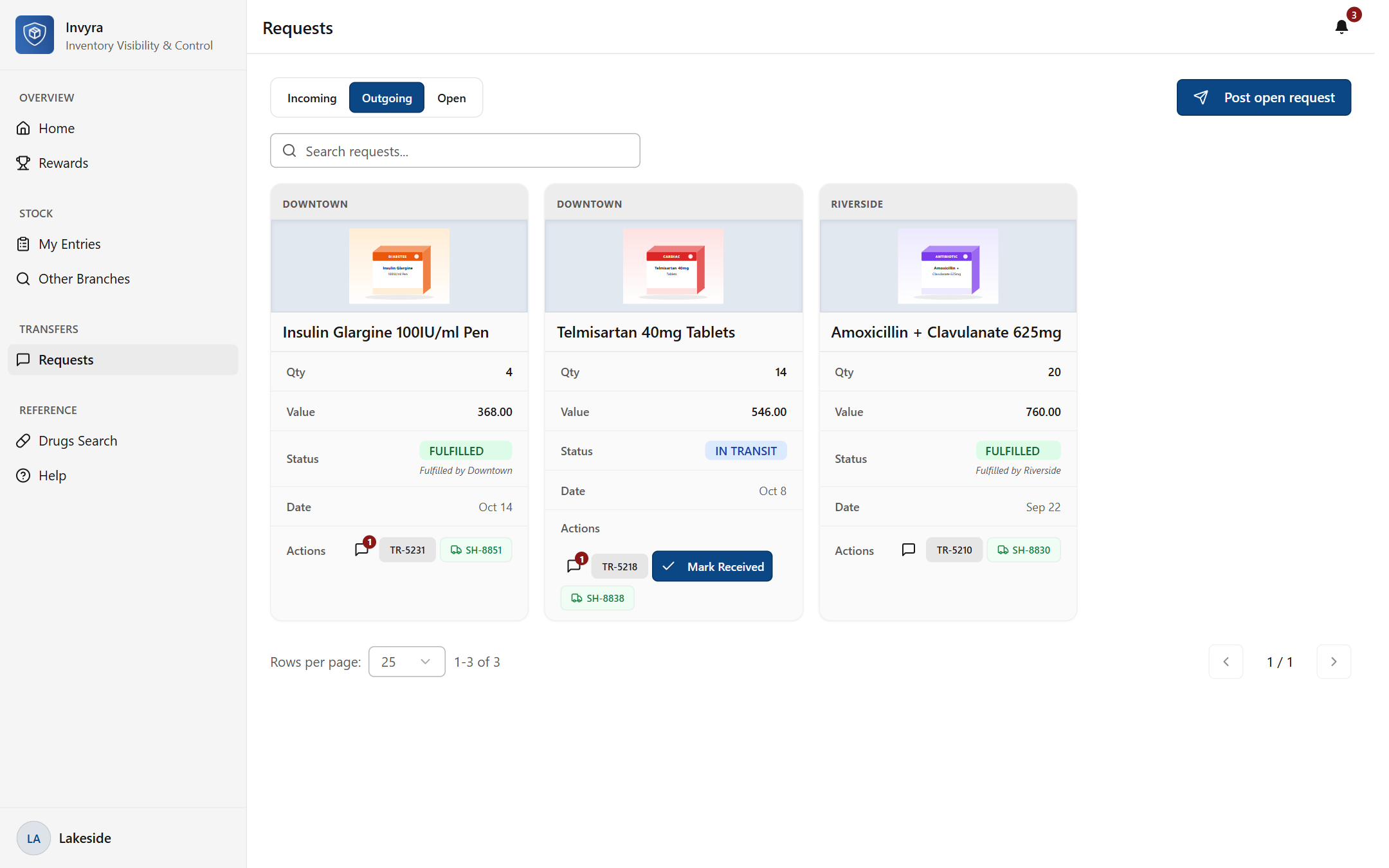 Invyra outgoing transfer requests screen